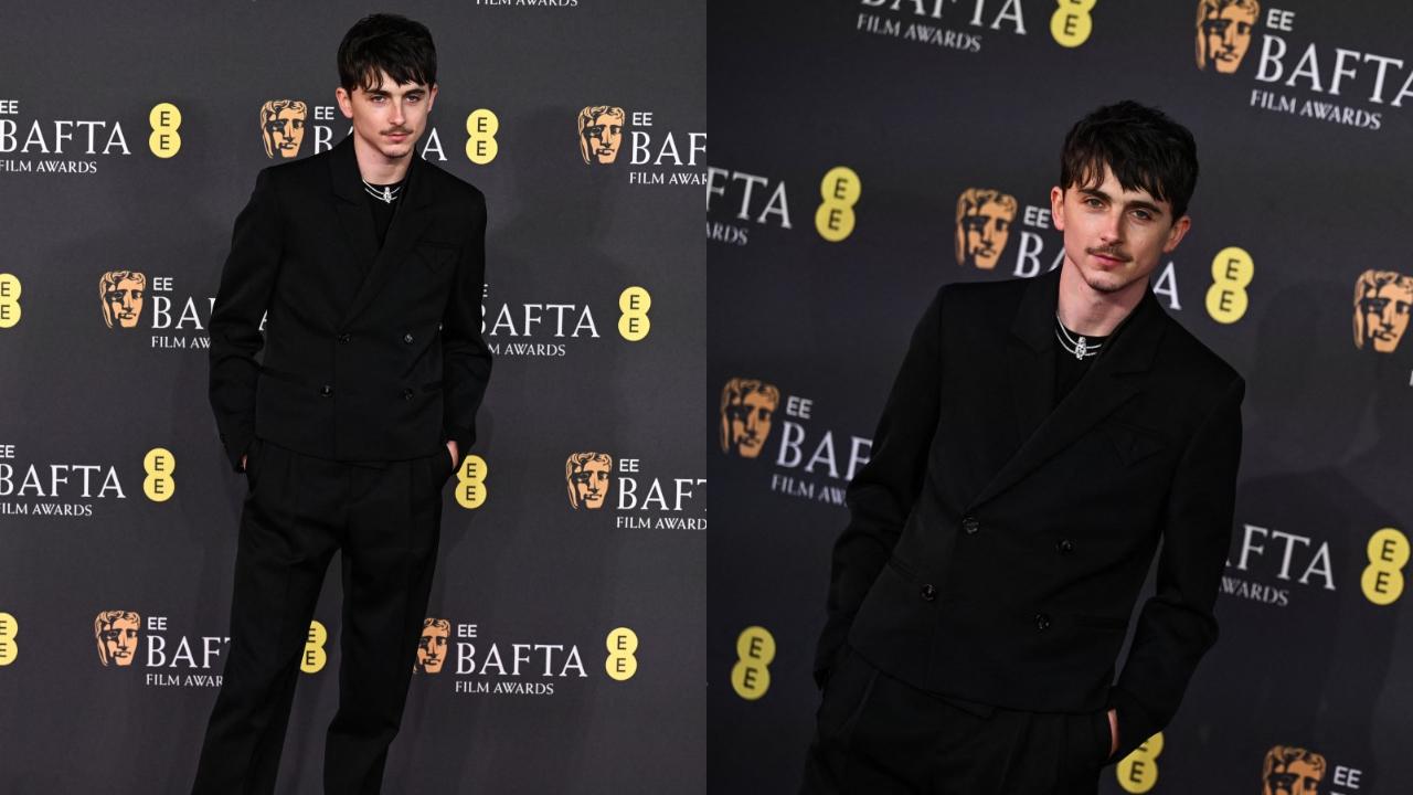Timothée Chalamet stunned in an all-black outfit, featuring a double-breasted jacket. The neckpiece added shine to the otherwise understated yet classic look.