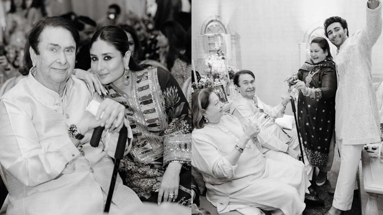 Kareena Kapoor adoringly poses with her father Randhir for the photographer at the pre-wedding festivity