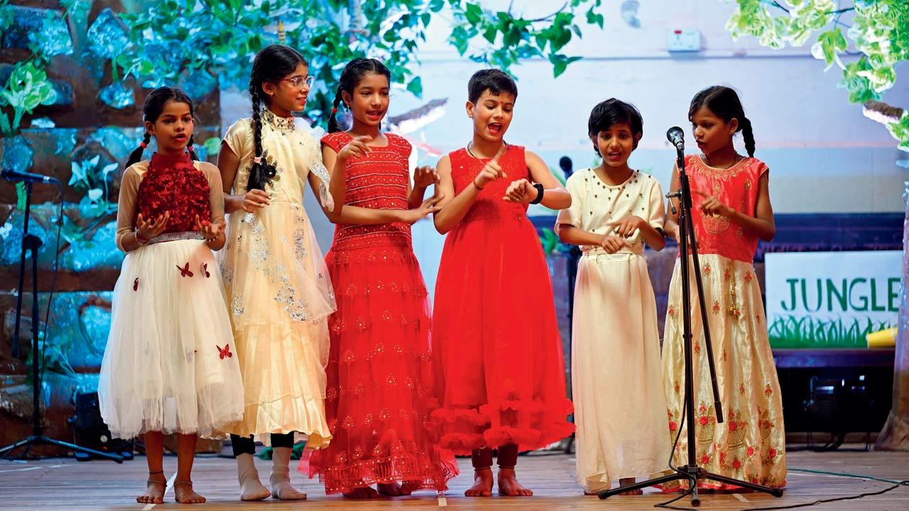 Students of Nariyalwadi BMC School in Santacruz East, affiliated with Pehlay Akshar Foundation, performed A Tale of Two Worlds—Where the Zoo Meets the Jungle for their Annual Day. Pic/Kirti Surve Parade