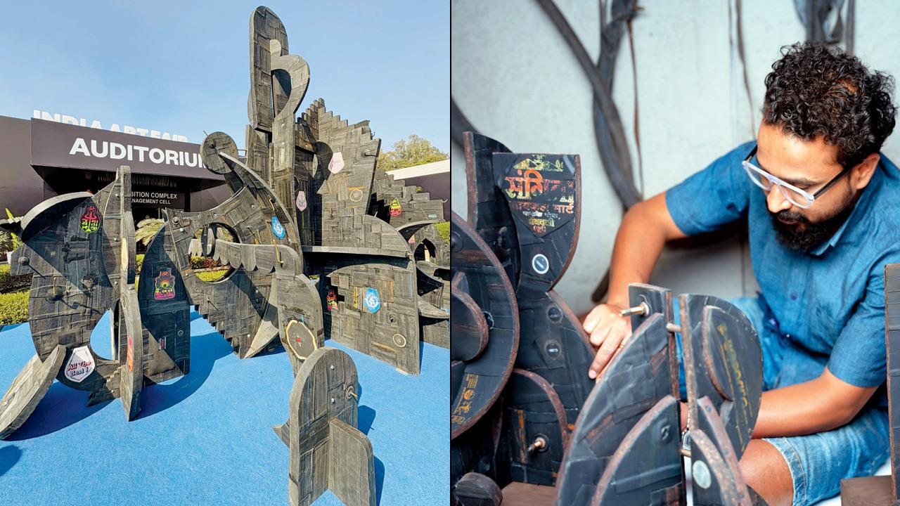 Bhombale’s creation at the venue (right) the artist works on the installation