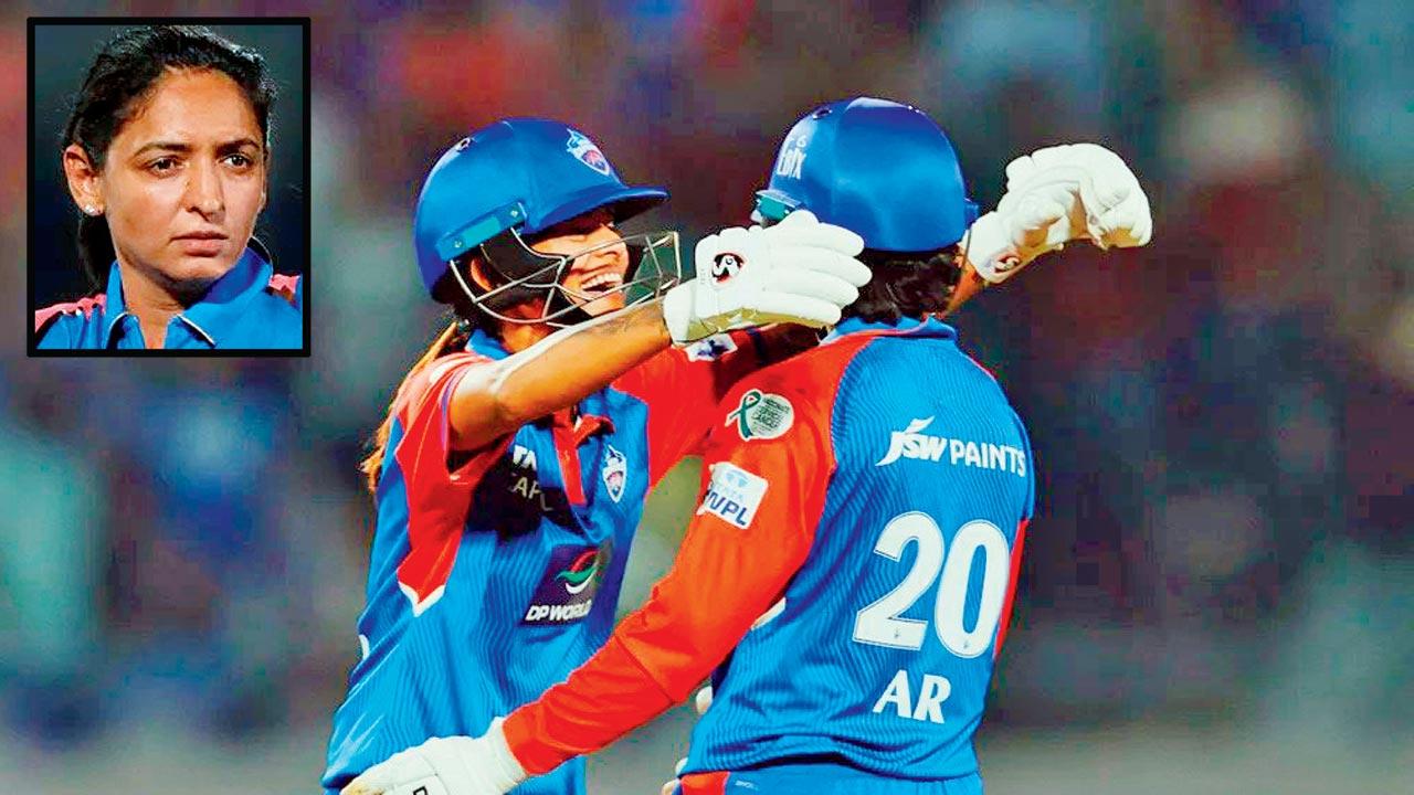 DC batters Arundhati Reddy (right) and Radha Yadav celebrate their win over MI in Vadodara on Saturday. Pic/WPL (inset) Harmanpreet Kaur