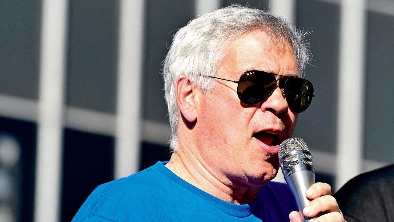 Chris Keyser from the Writers Guild of America addresses the crowd of writers and actors at a rally. Pic/AFP