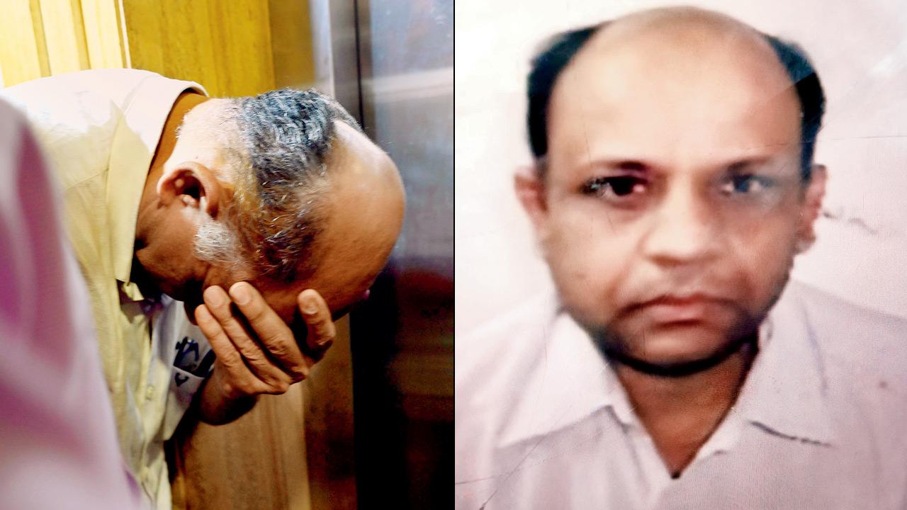 The accused, Hitesh Mehta, hides his face (left) as the EOW escort him out for a medical test. Pic/Satej Shinde
