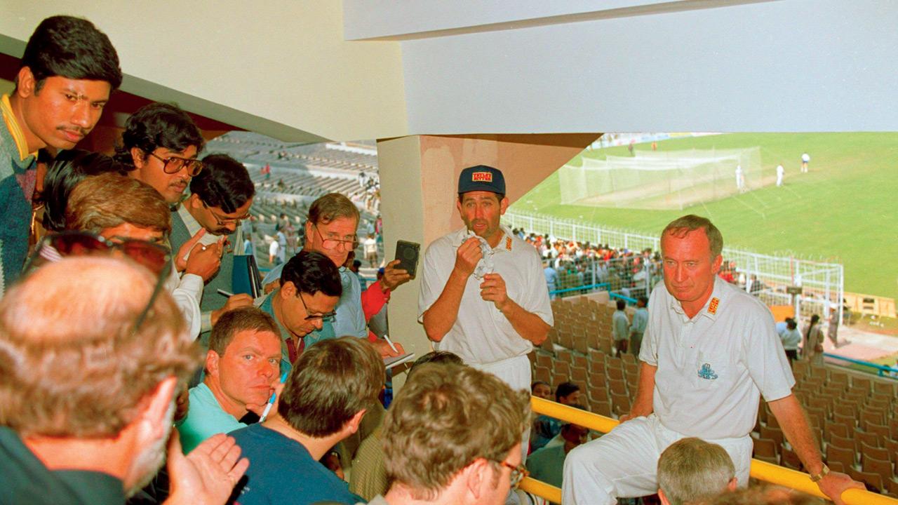 England’s cricket manager Keith Fletcher (right) and skipper Graham Gooch interacting with the media while in Kolkata for the opening Test of the three-match series against India on February 2, 1993. PIC/GETTY IMAGES