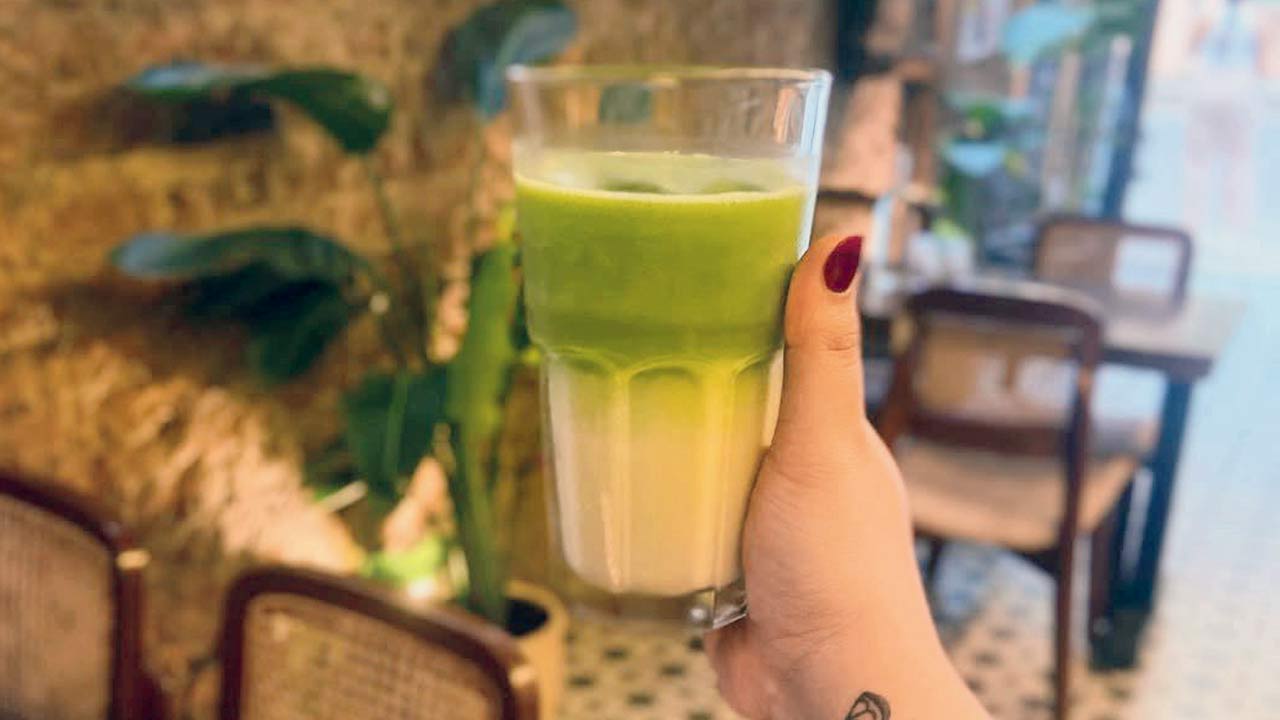 A chilled glass of matcha latte
