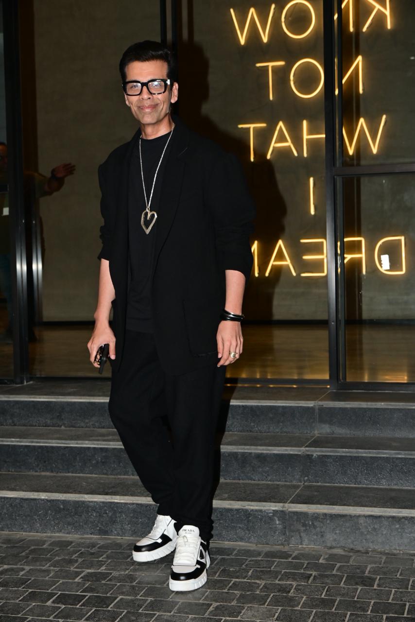 Karan Johar looked dapper in an all-black outfit as he attended the screening of Junaid and Khushi Kapoor's film