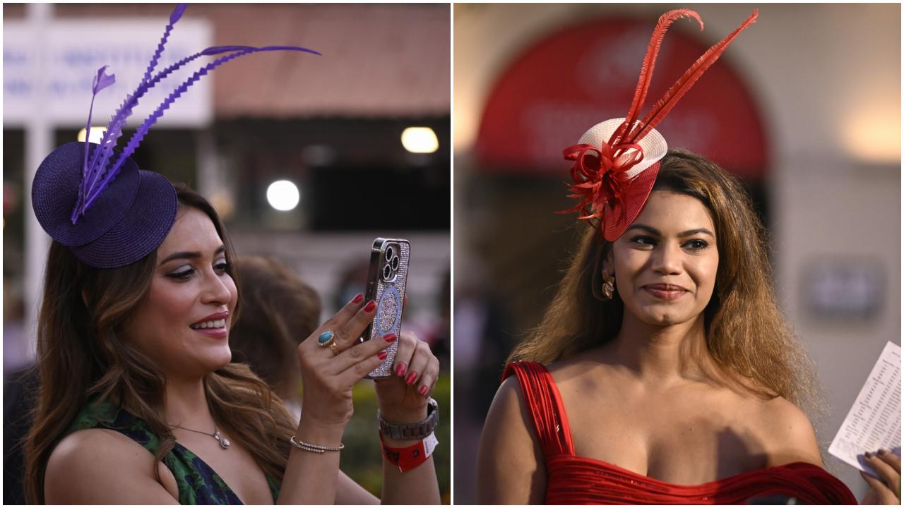Look regal in blues and reds, the women wore hats that not only had layers but also extensions of different kinds including feathers