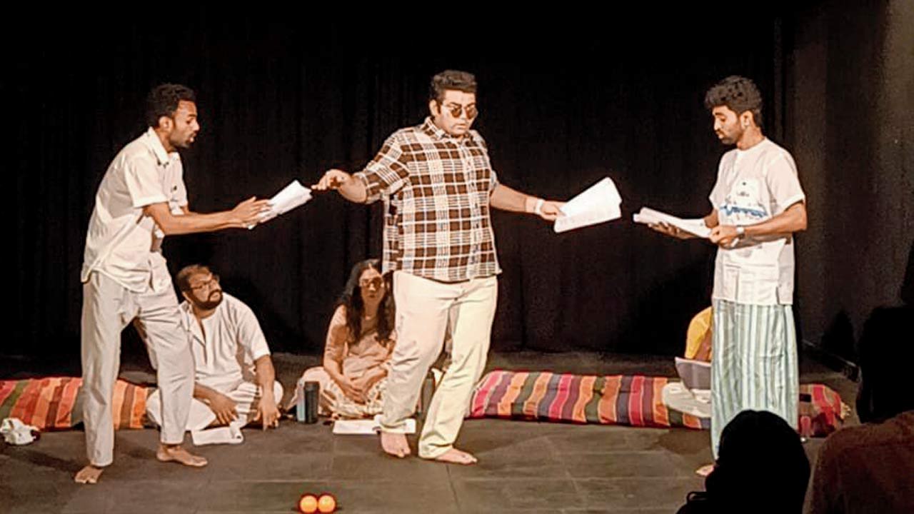 A still from a rehearsed reading of the play Mahanirvan