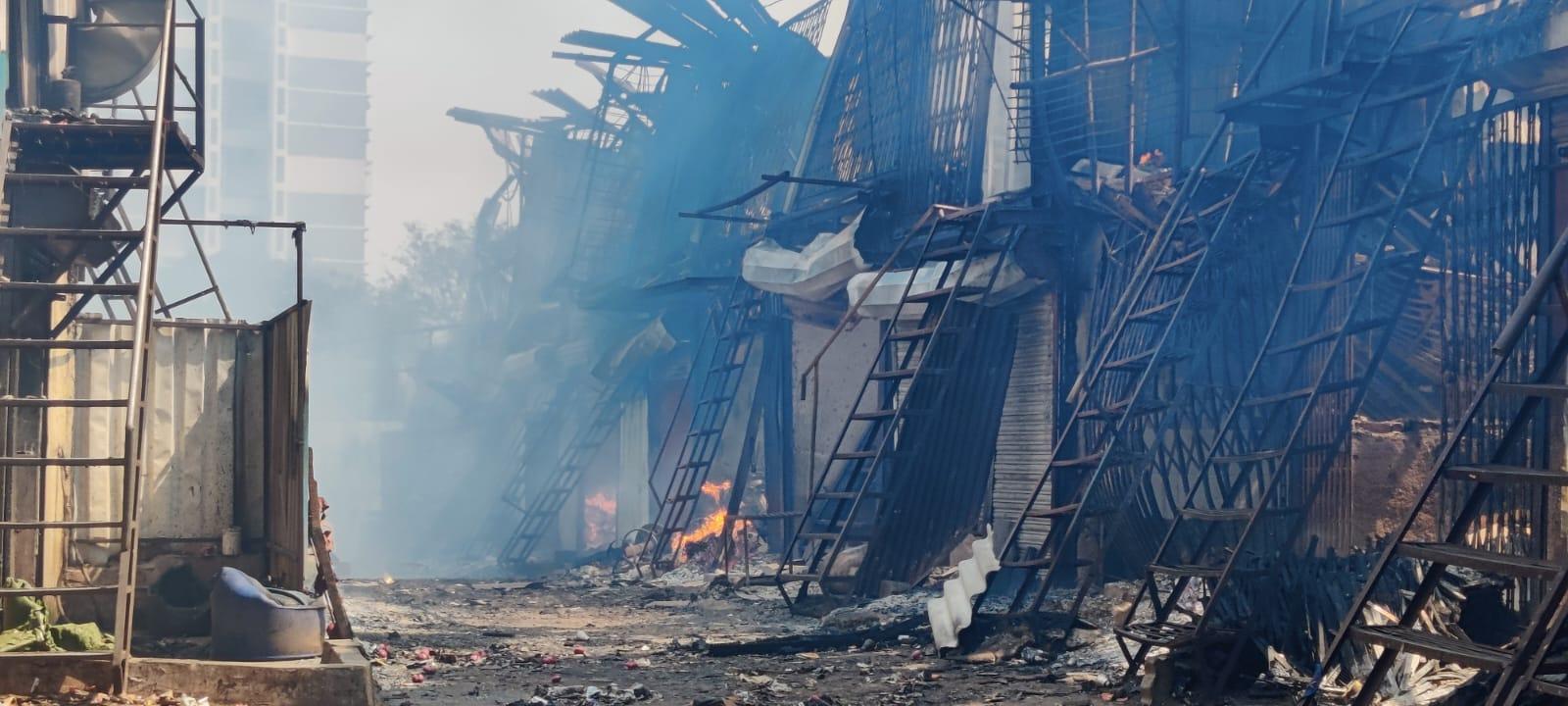 The fire was confined to the ground-floor furniture godown but rapidly spread to nearby shops.