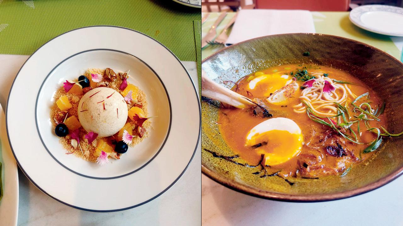 A serving of orange kharvas and A bowl of nalli nihari ramen