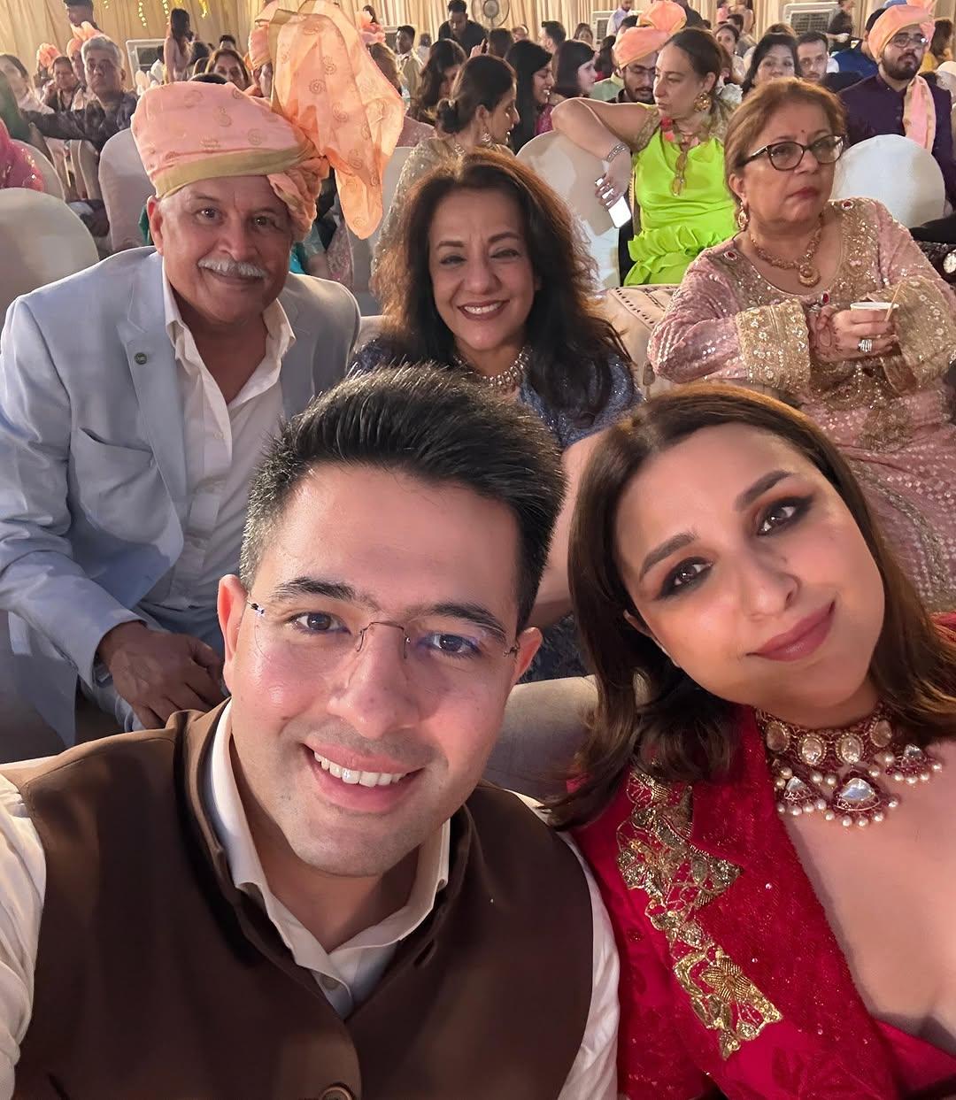 The selfie shows Raghav Chadha posing with his wifey and in-laws
