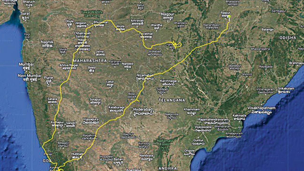 Route taken by the vulture across Maharashtra, Goa, Karnataka, Telangana, and Chhattisgarh