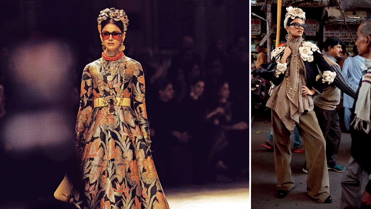 Mukherjee channels Frida Kahlo’s headbands, his grandmother’s maximalism, and a Catholic school influence with high-neck blouses. Pic Courtesy//Dolly Devi; (right)  “This is my ode to Chanel—not the brand, but Coco Chanel, the woman.” Pic Courtesy/Sunhill Sippy