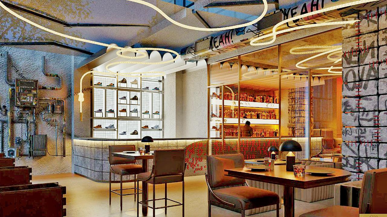 A rendered view of the sneaker collection beside the bar at the space