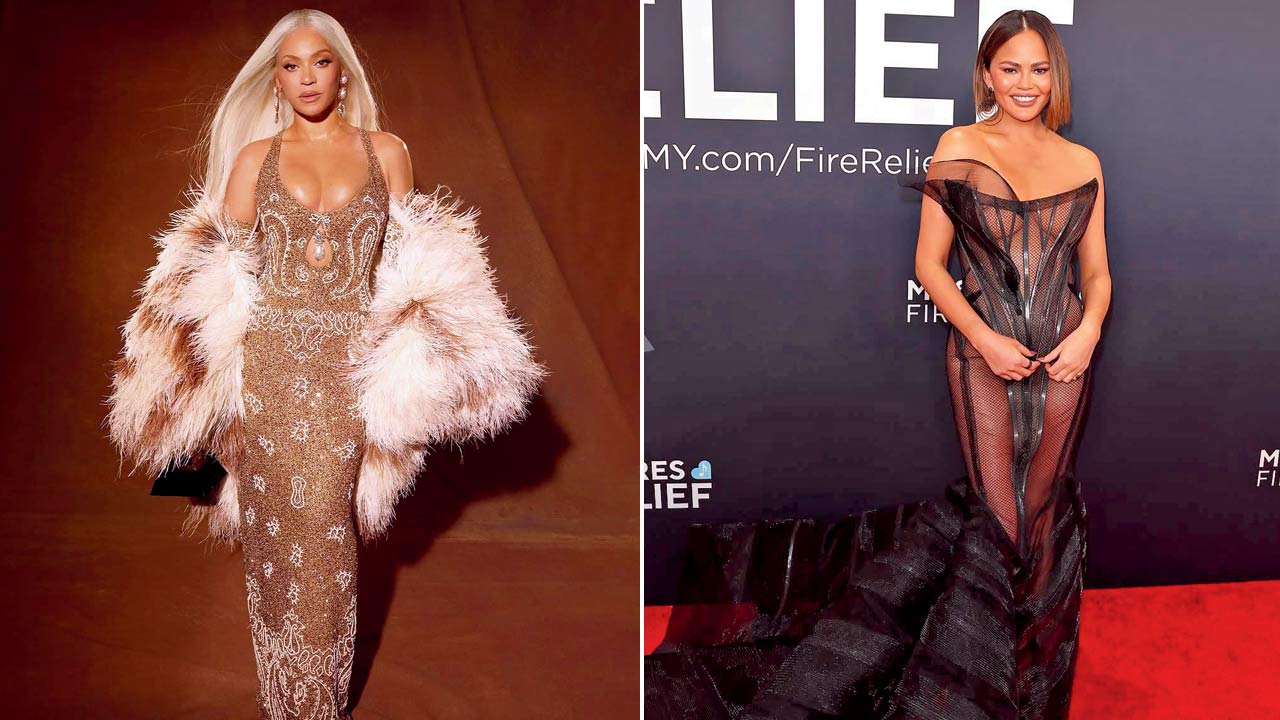 Beyoncé in over the elbow gloves; (right) Chrissy Teigen in a sheer gown