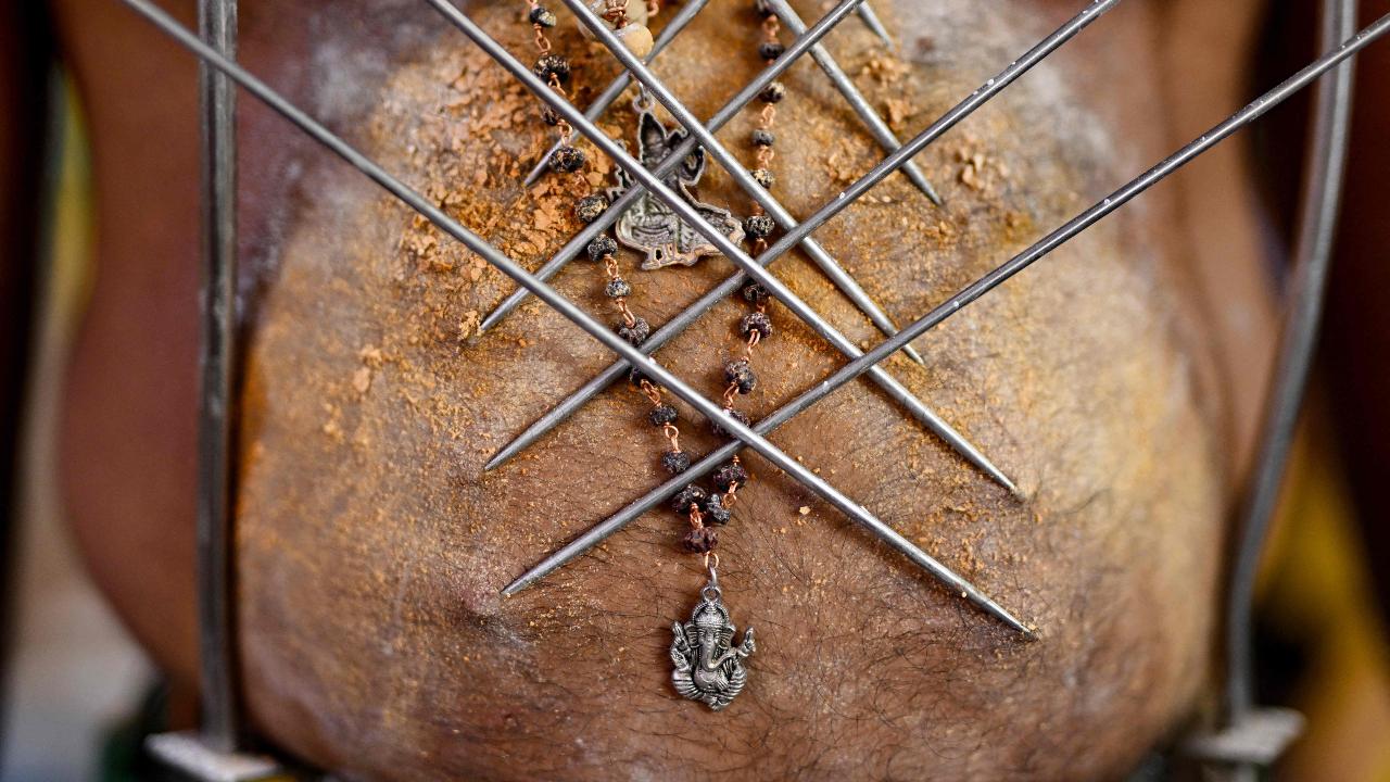 A Hindu devotee with metal rod piercings on his body, takes part in a procession during the Thaipusam festival in Chennai on February 11