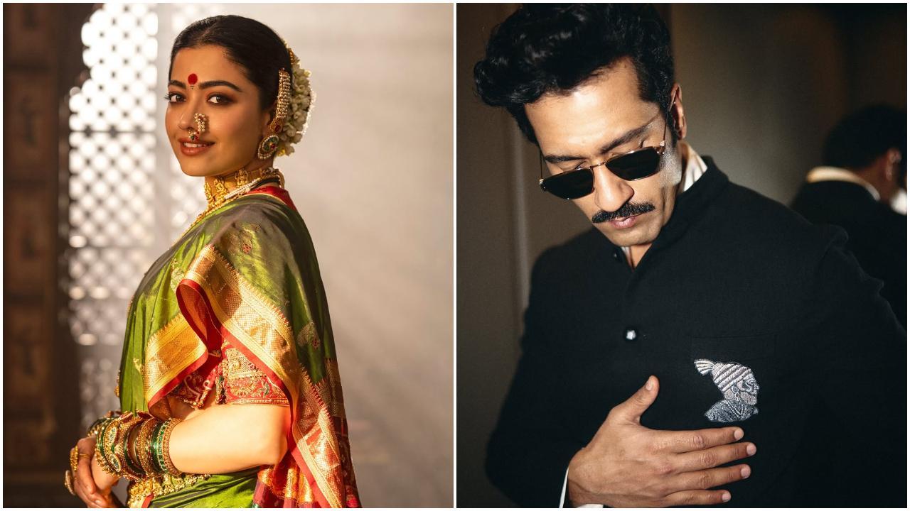 Opting to wear traditional attire, they not only showcase Maharashtrian culture but also display it in innovative ways. Photo Courtesy: Anita Dongre/Instagram accounts of Rashmika Mandanna, Vicky Kaushal