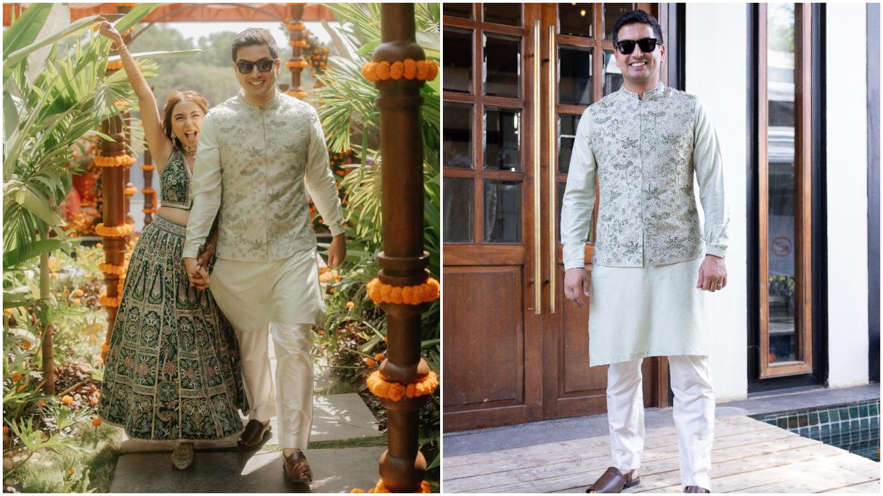 Vrishank complemented her in a Tree Greens Embroidered Silk Nehru Jacket Set by Anita Dongre, featuring intricate zardozi and threadwork embroidery on silk, echoing nature’s effortless beauty through impeccable craftsmanship