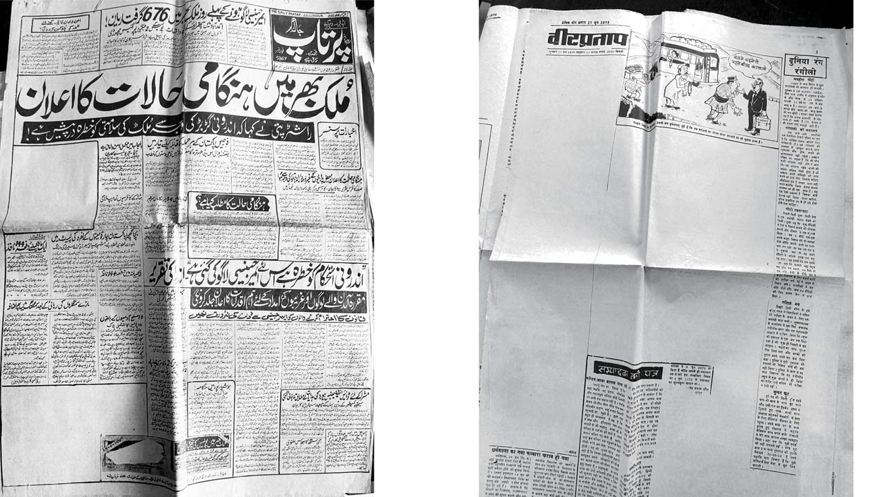 The editorial’s of Pratap (left) and Vir Pratap (right) were left blank during the Emergency in 1975. Pic Courtesy/Jyotsna Mohan