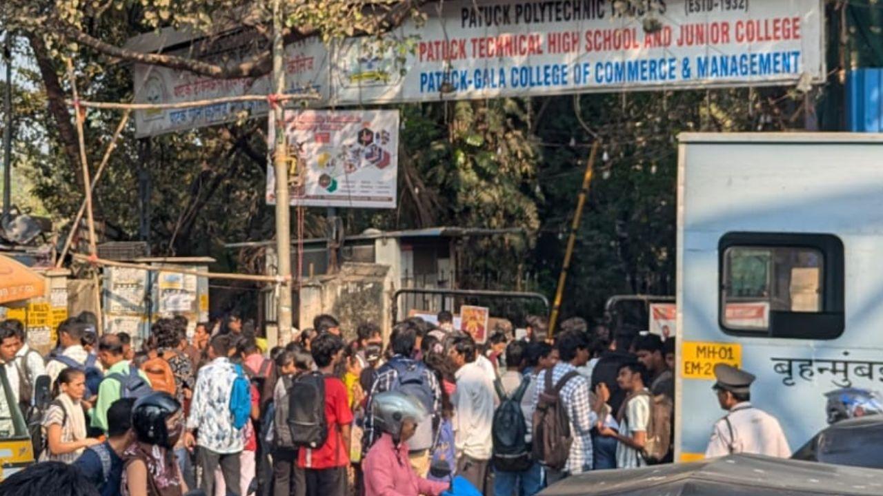 Board exams centres saw a huge rush outside the colleges as the HSC exams started today across Maharashtra
(In Pic: Students and parents outside Patuck Technical Junior College at Santacruz East which is a sensitive centres as per HSC board list. Pic/Ranjeet Jadhav)
