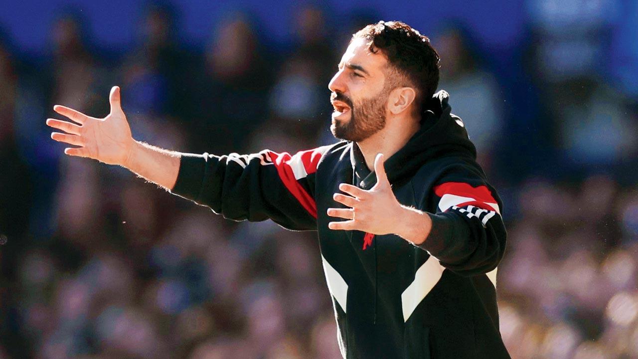Manchester Utd boss Ruben Amorim displays his frustration  on Saturday. Pic/Getty Images