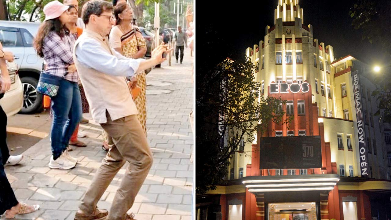 Jean-Marc Séré-Charlet clicks a picture during the walk. pic courtesy/instagram; (right) Eros Cinema is one of the most prominent Art Deco structures in the city. File pic 