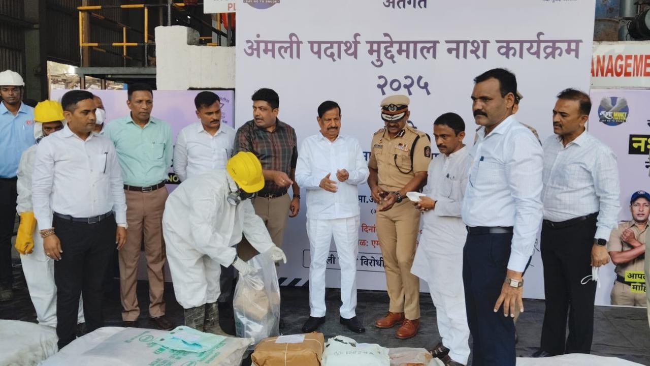 The destruction of the banned substances was carried out at a facility in Taloja. Pics/Navi Mumbai Police (Story/Shirish Vaktania)