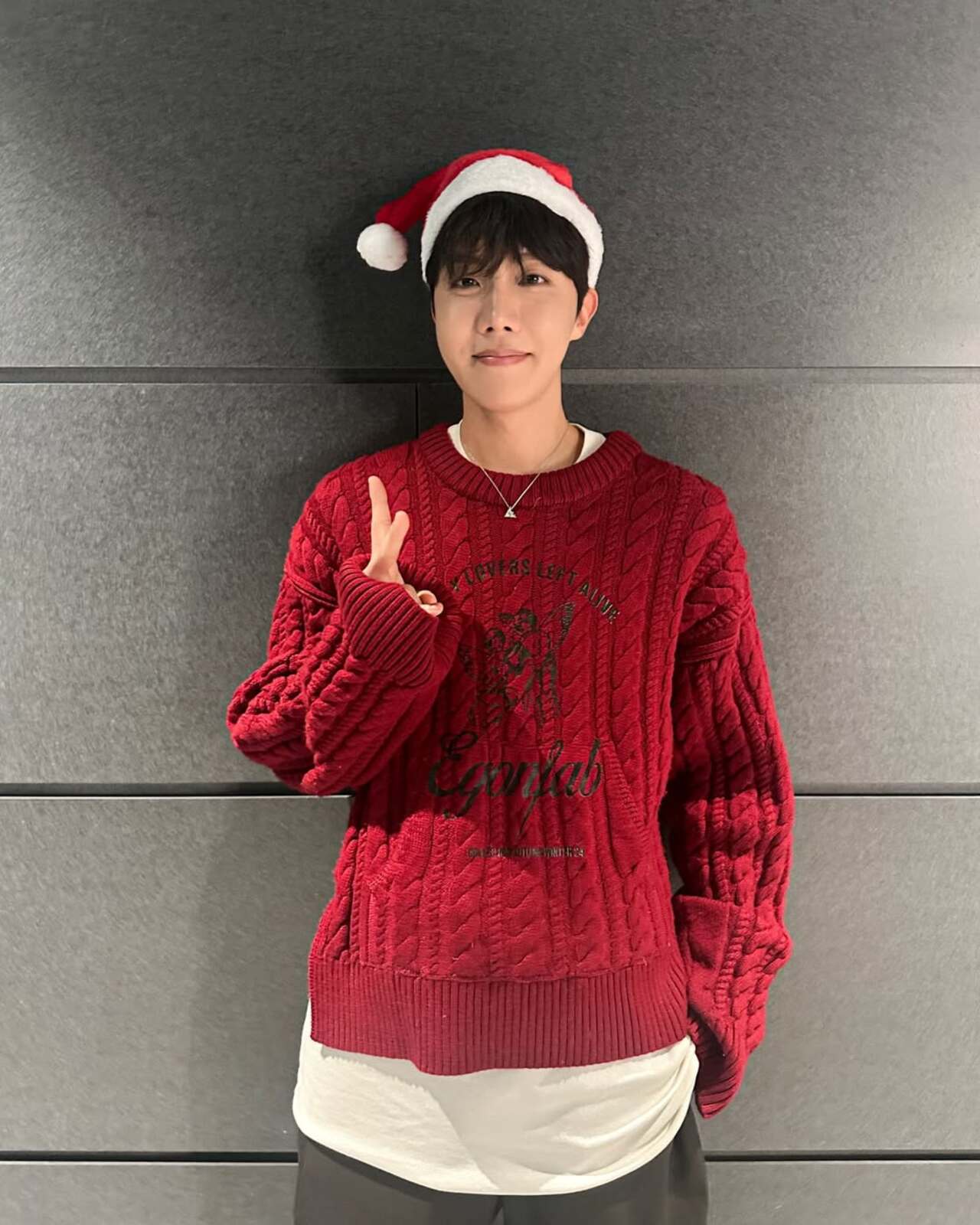 J-hope celebrated Christmas in this cute red outfit and the mandatory Santa cap.