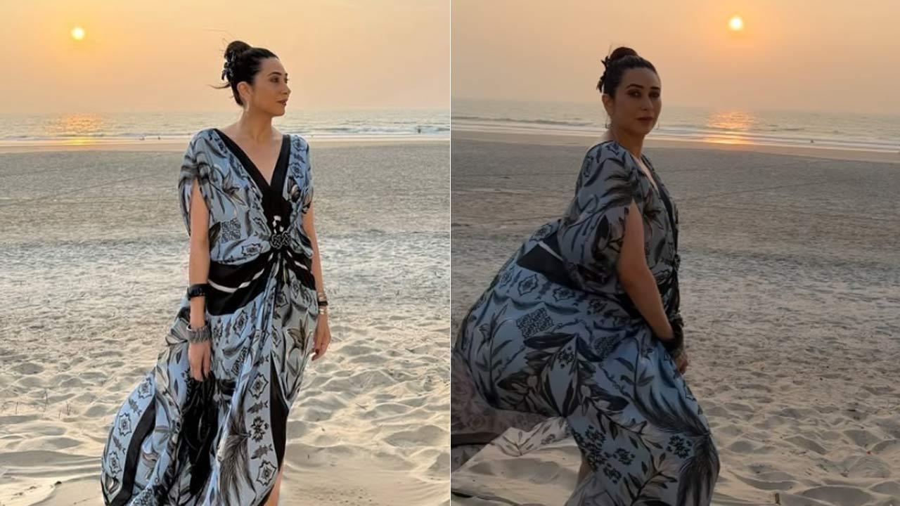 Karisma Kapoor stuns in a floral dress as she poses on a beach at sunset