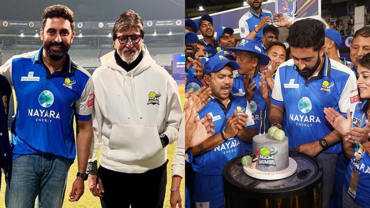 Abhishek Bachchan cuts birthday cake at ISPL match with father Amitabh Bachchan