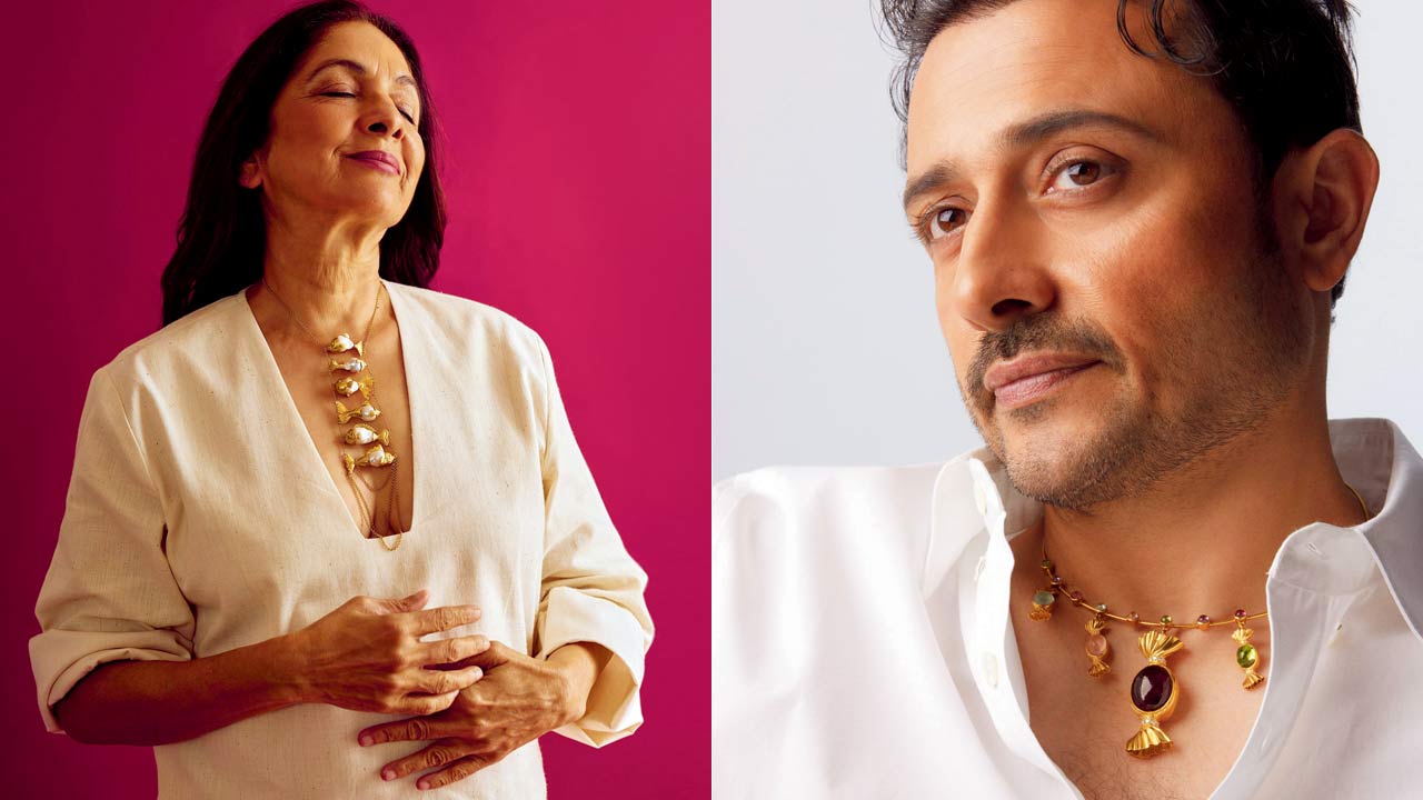 Family that shines together — Masaba Gupta’s fine jewellery debut stars her actor mom, Neena Gupta, and actor husband, Satyadeep Misra, in the Identity Crisis campaign, wearing the Ripple Effect and Toffee Wife neckpieces