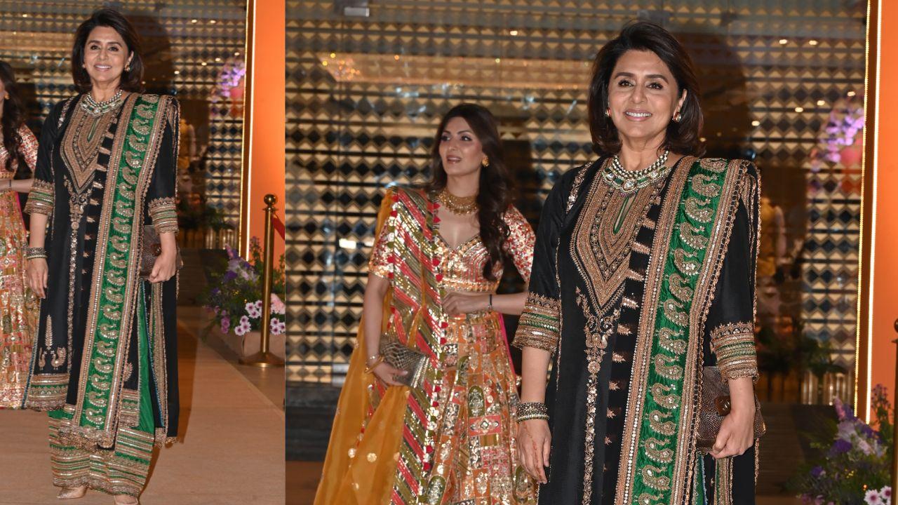 Neetu Kapoor brought an effortless elegance to the celebration with a black suit beautifully complemented by a rich green dupatta that added a pop of color, enhancing the overall look with its lively, festive appeal