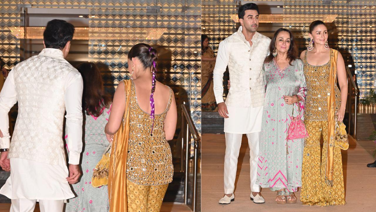Alia Bhatt made a stunning entrance alongside her mother, Soni Razdan, and husband, Ranbir Kapoor. She dazzled in an intricately embellished sharara set featuring a traditional bandhani pattern, perfectly paired with bold, statement chandbali earrings that added a touch of elegance to her look