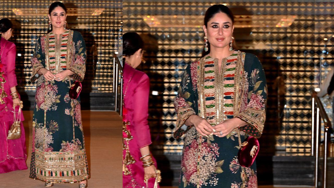 Kareena Kapoor Khan, arriving with her sister Karisma Kapoor, opted for a striking turquoise A-line kurta by Sabyasachi, showcasing her timeless sense of style