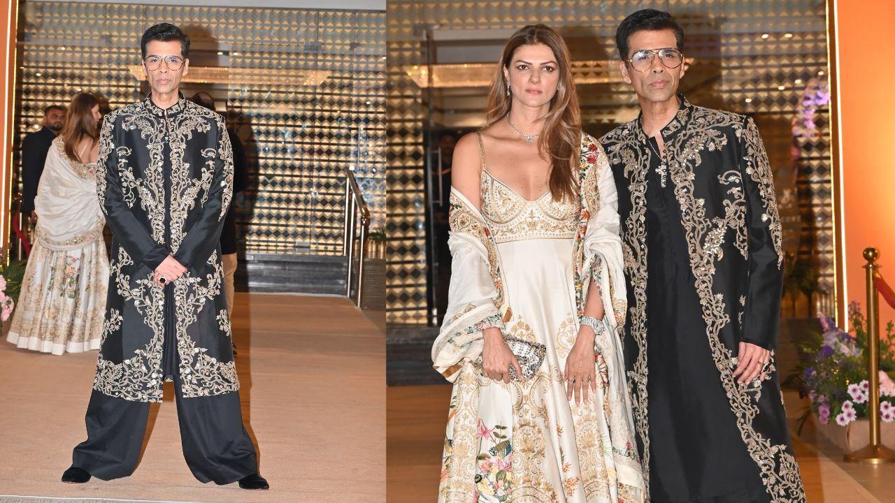 Karan Johar rocks an all-black kurta set by Anamika Khanna elevated by a delicate golden embroidered jacket, adding a subtle touch of luxury and texture to his outfit. 
Standing alongside him was fashion designer Nandita Mathani, who chose a completely different yet equally stunning look. She embraced a chic all-white lehenga, the soft, ethereal fabric adorned with intricate golden prints that matched beautifully