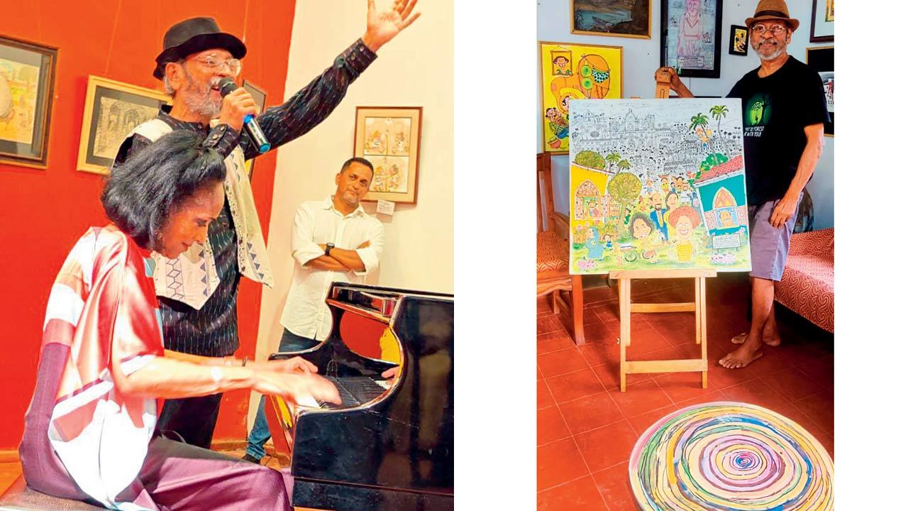 Marialena Fernandes on the piano accompanying Alexyz Fernandes singing at the inauguration of one of his Goa exhibitions. Pic/Marshal Fernandes; (right) Alexyz with his cartoon artwork. Pic/Tecla Fernandes