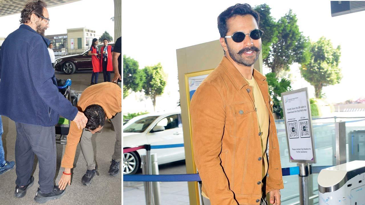 Up and about: Varun Dhawan touches Shekhar Kapur's feet at airport