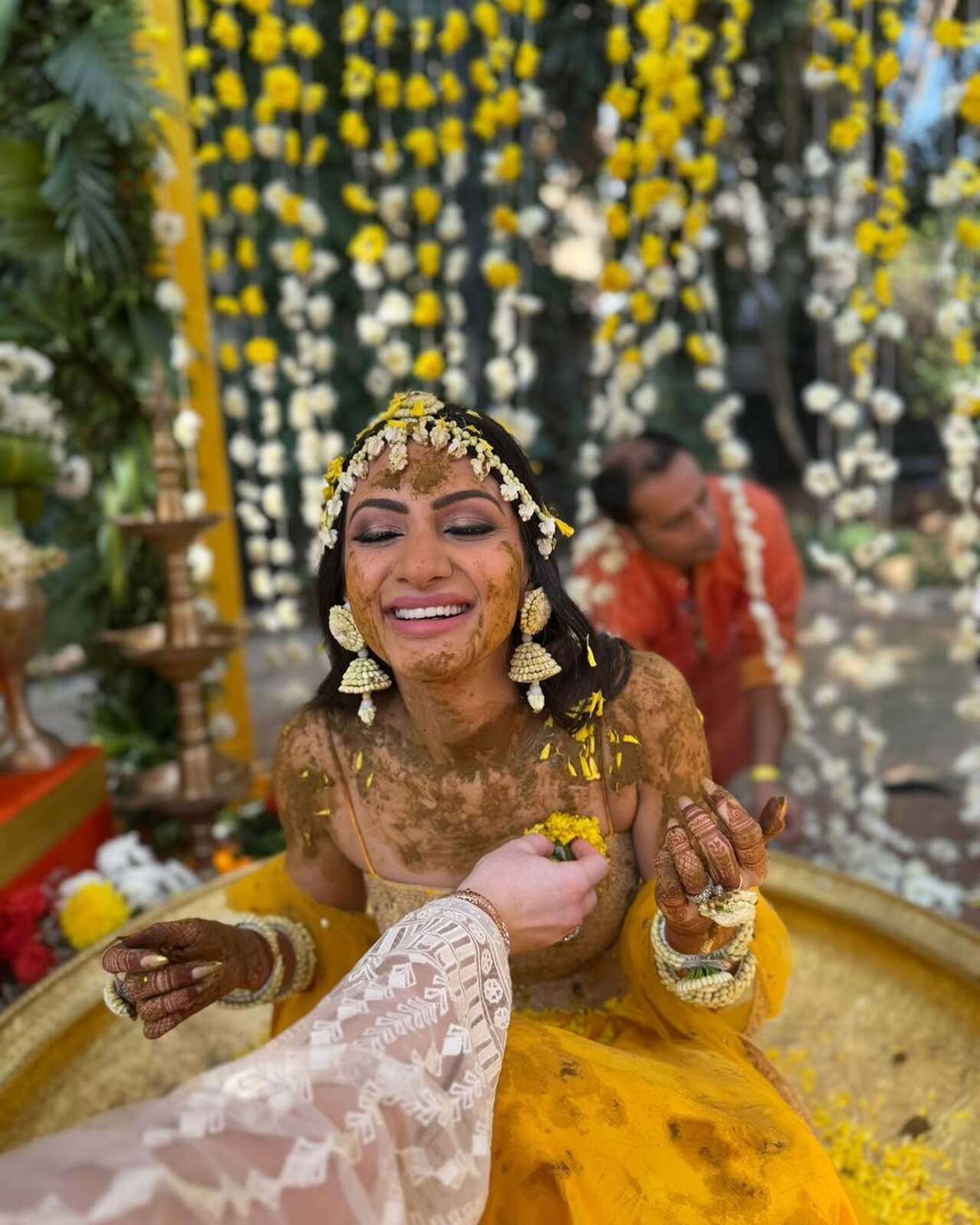 Neelam was all smiles as she dressed up in traditional attire for the pre-wedding festivity.