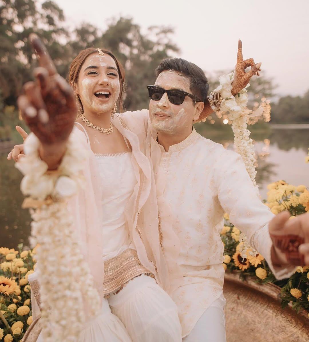 Prajakta and Vrishank twinned in white outfits for their haldi ceremony.