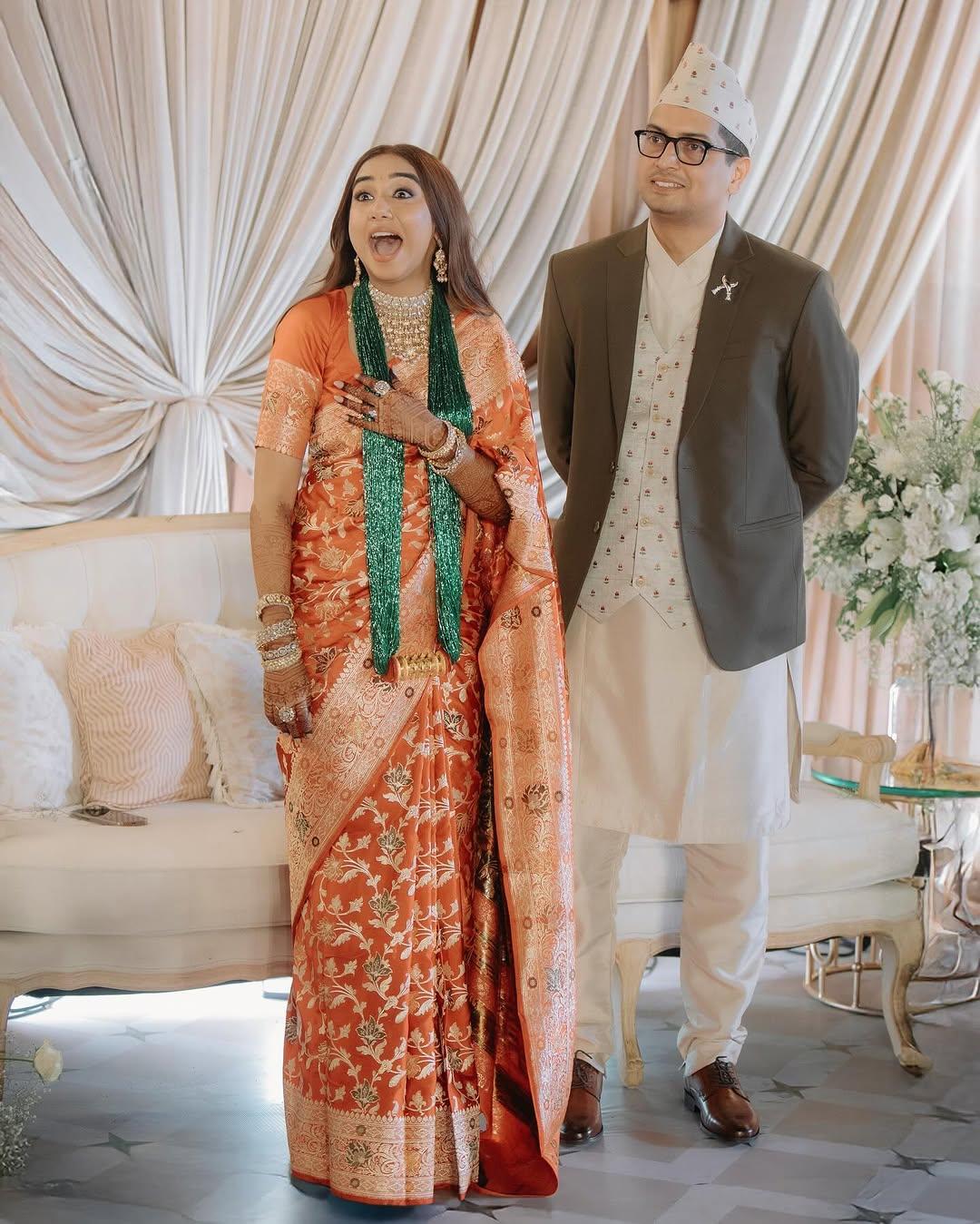 For the ceremony, Prajakta wore a bright red silk saree, while Vrishank was seen in a traditional Nepali attire