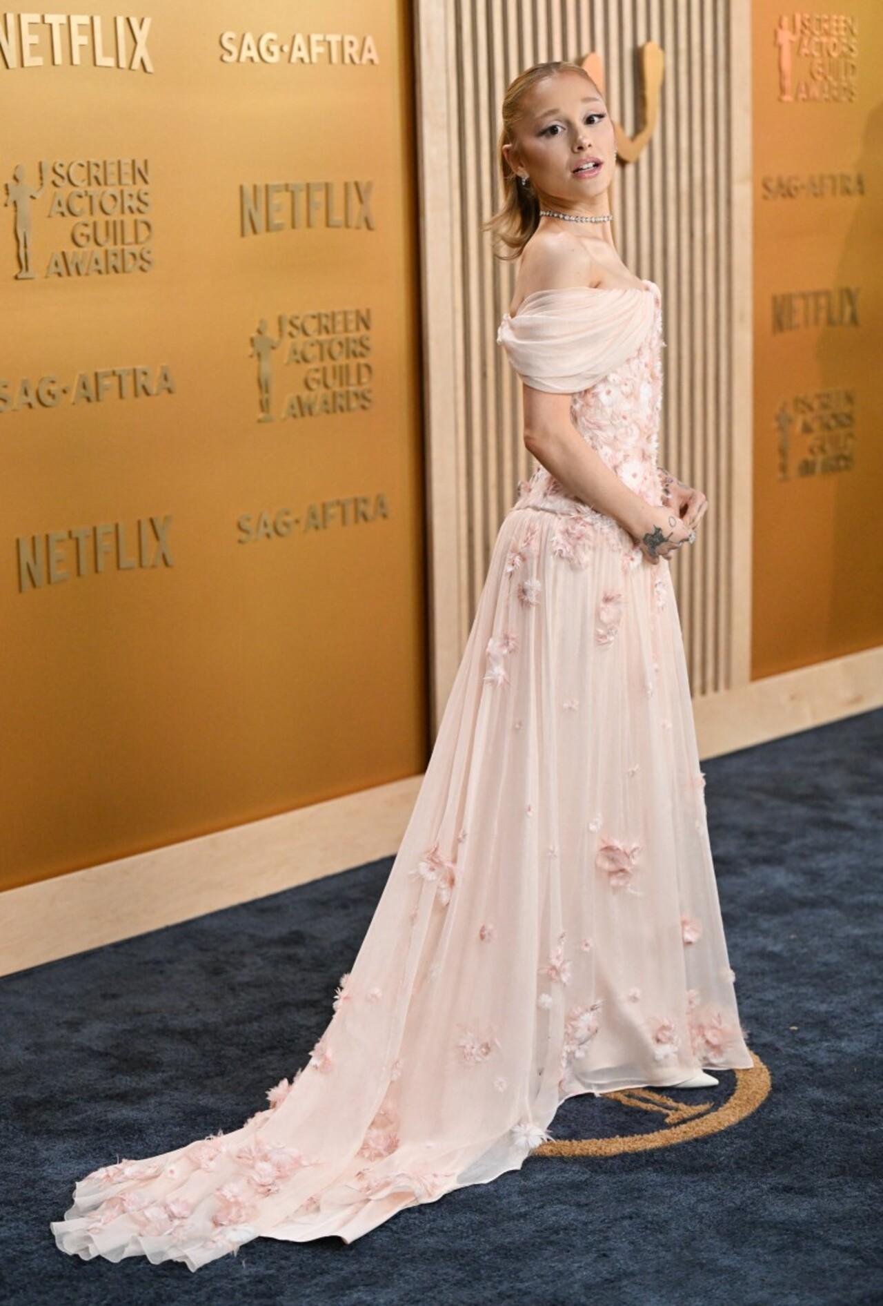 Singer and actor Ariana Grande looked perfect in this blush pink trail gown with off-shoulder sleeves