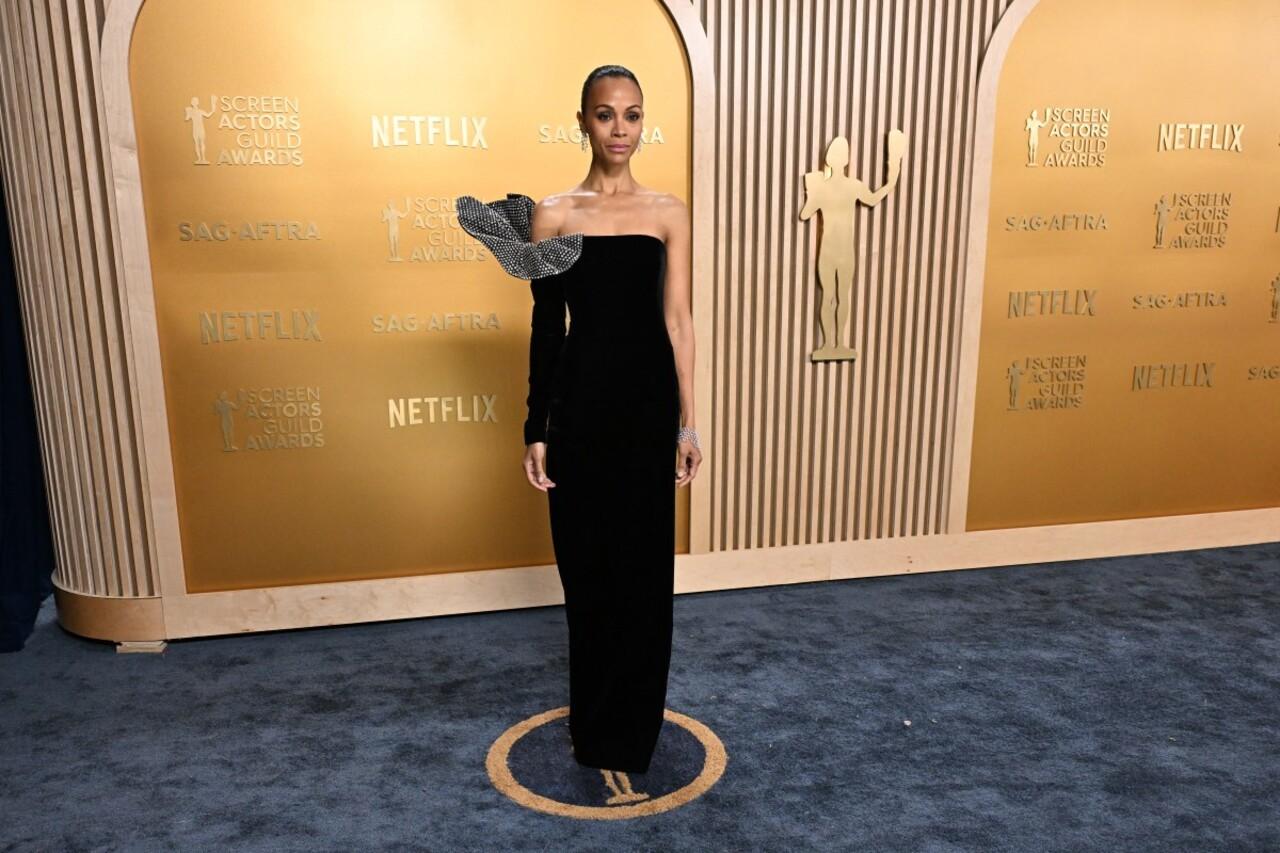 Zoe Saldana attended the awards in a stunning black body hugging gown with a dramatic bow on the left side