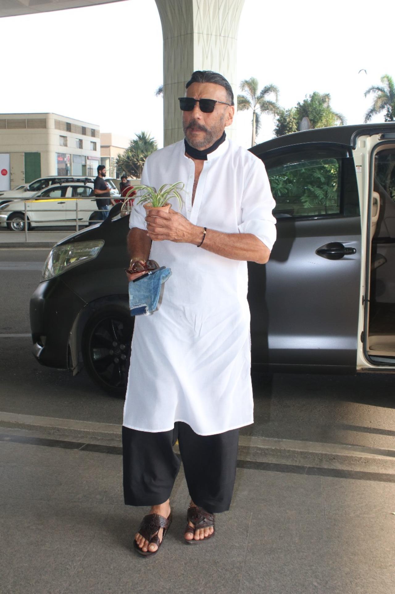 Jackie Shroff was spotted with his plant at the Mumbai airport.