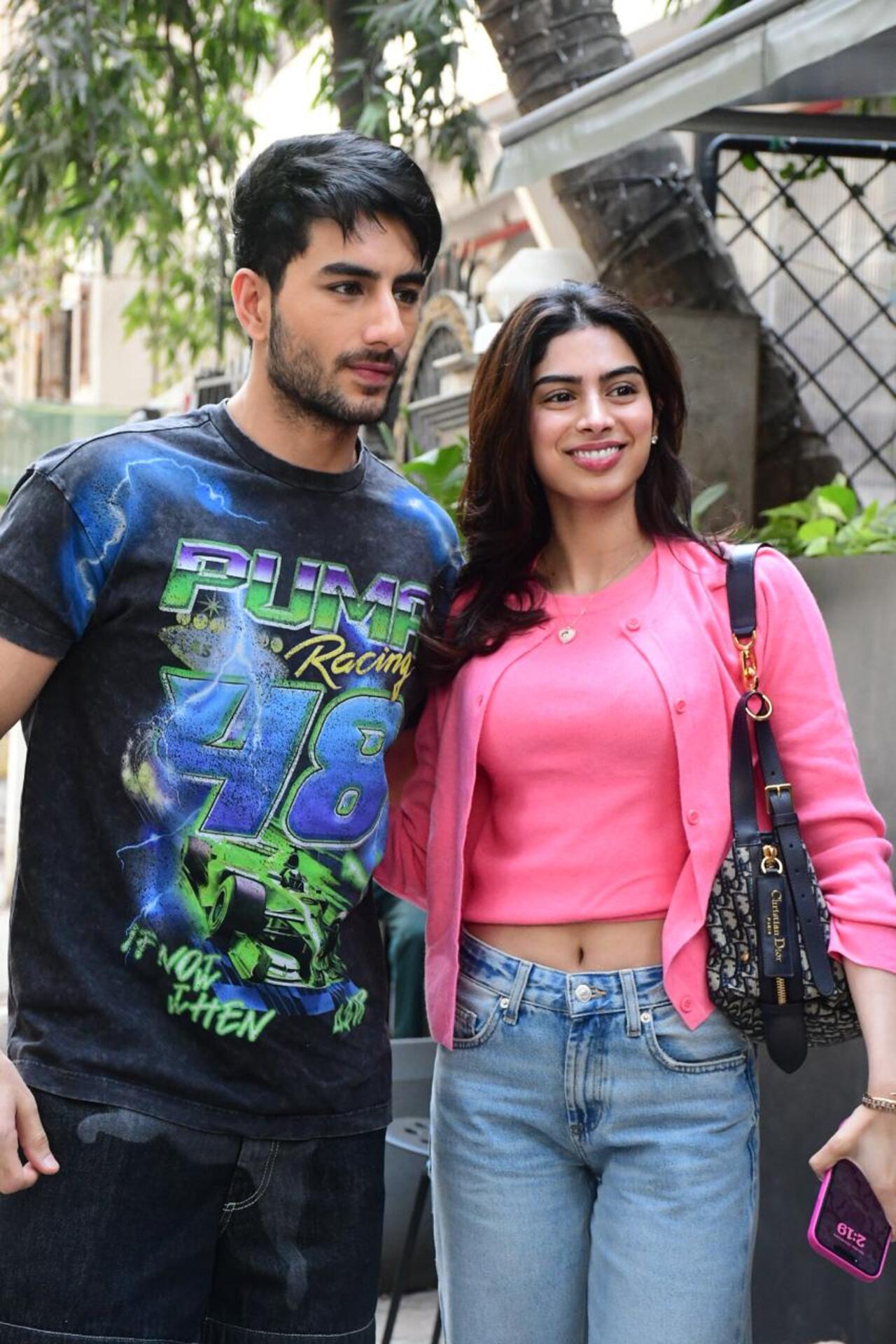 Khushi Kapoor and Ibrahim Ali Khan were spotted promoting their upcoming film Nadaaniyan.