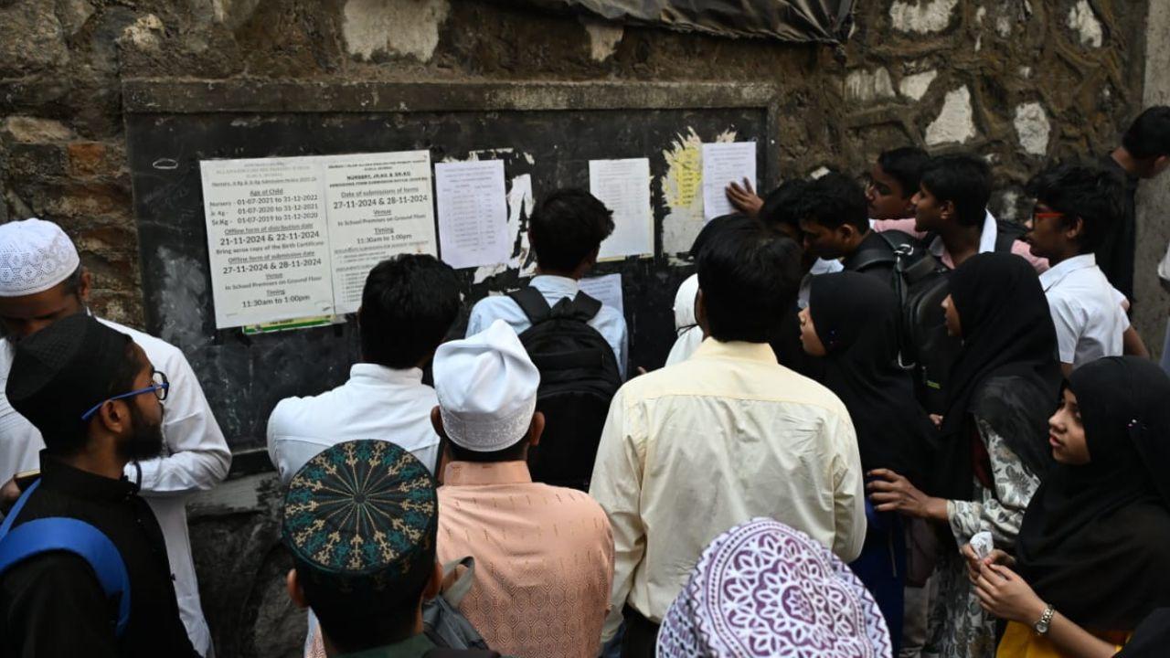 Students check their seating area on the first day at exam centre, Anjuman Islam in Kurla West on Friday (PIC/Sayyed Sameer Abedi)