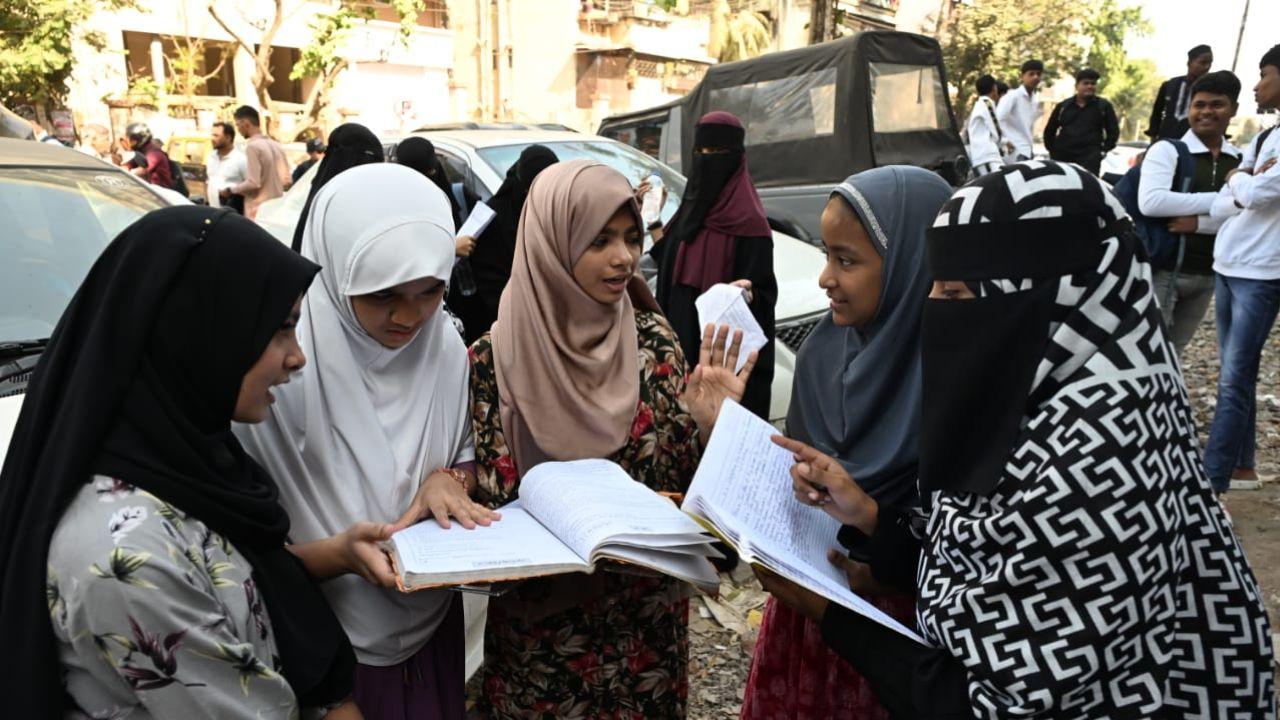 Students revising with friends before they enter exam centre at Anjuman Islam in Kurla West on Friday (PIC/Sayyed Sameer Abedi)