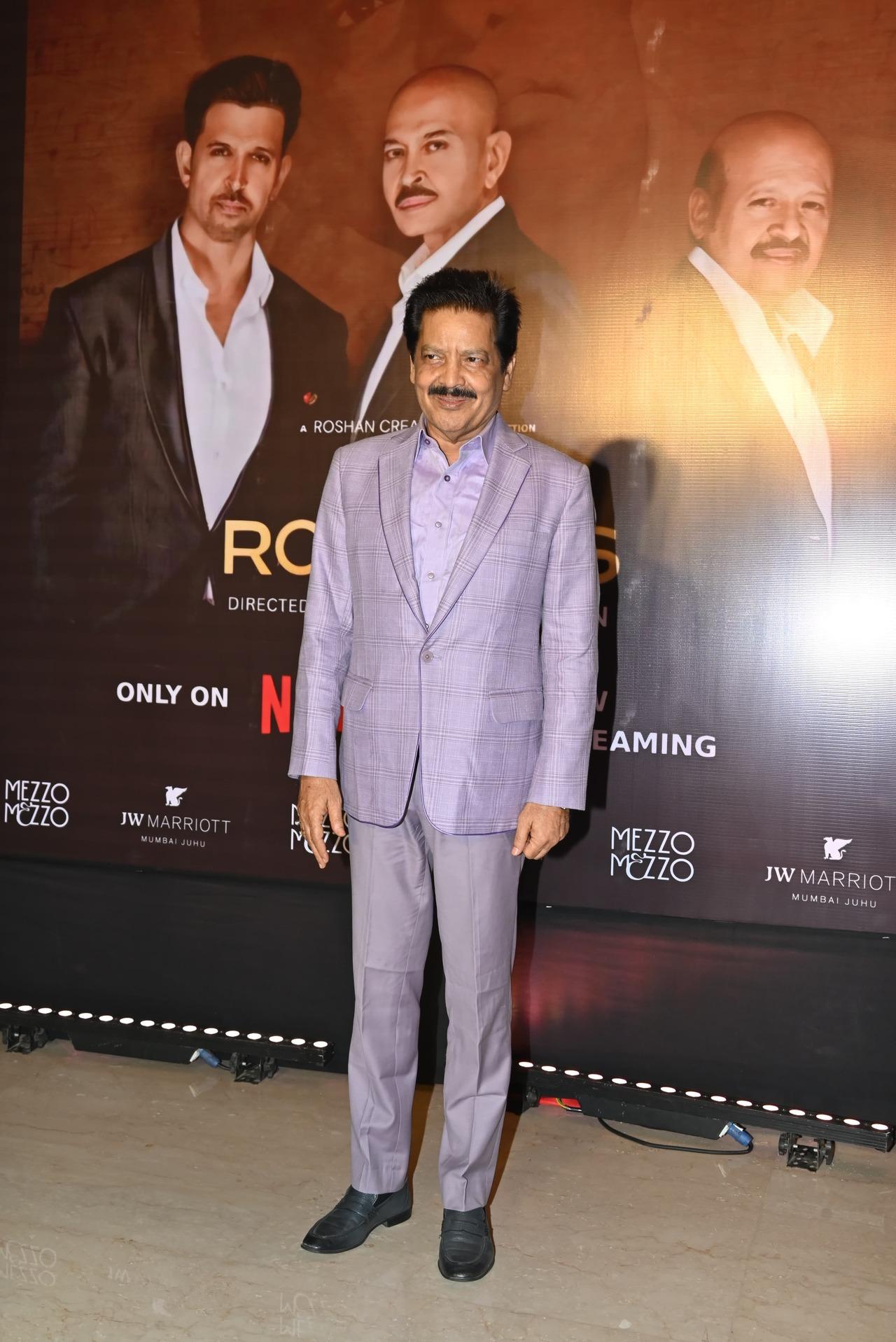 Singer Udit Narayan was seen dressed in a purple suit for the success party and was all smiles like always