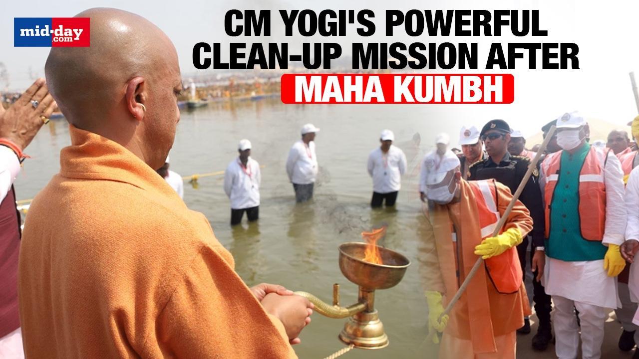 Yogi Adityanath takes part in Ganga Puja & cleanliness drive after Maha Kumbh