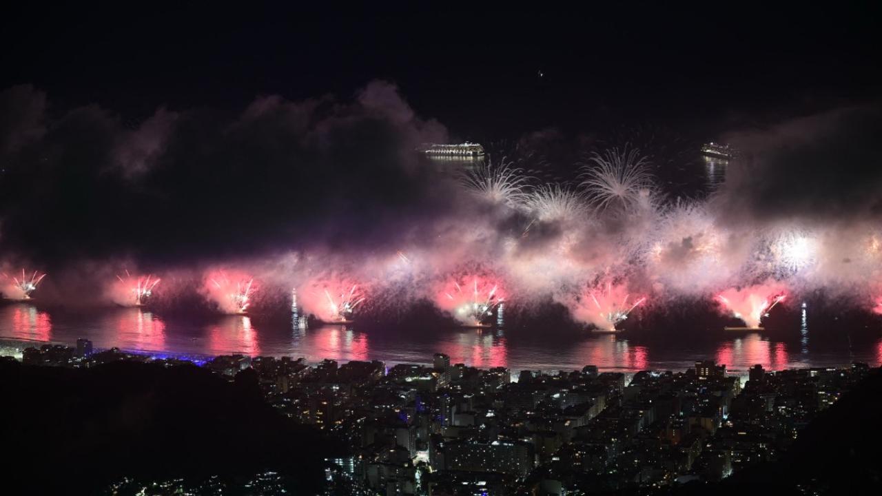 Fireworks to celebrate the new year go off at Copacabana beach as seen from Corcovado mountain during celebrations in Rio de Janeiro, Brazil, early on January 1, 2025 (Pic: AFP)