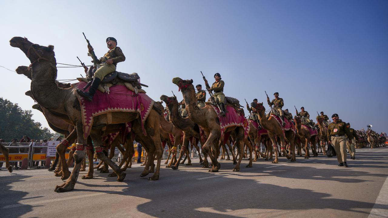 BSF personnel during rehearsal for Republic Day parade 2025 at Kartavya Path in New Delhi